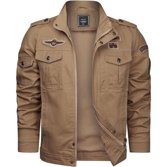 Men Military Jacket Cotton Utility Coat Cargo Bomber Stand Collar Multi-Pocket